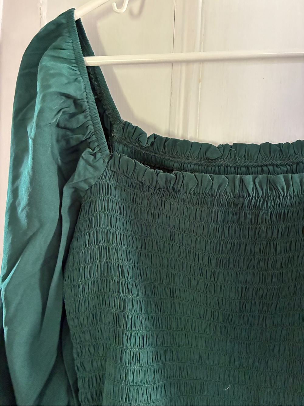 Smocked Square-Neck Long Sleeve Top - Deep Green - Picture 2 of 3